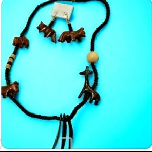 Vintage Necklace and earring set wood carved beads and animals African art